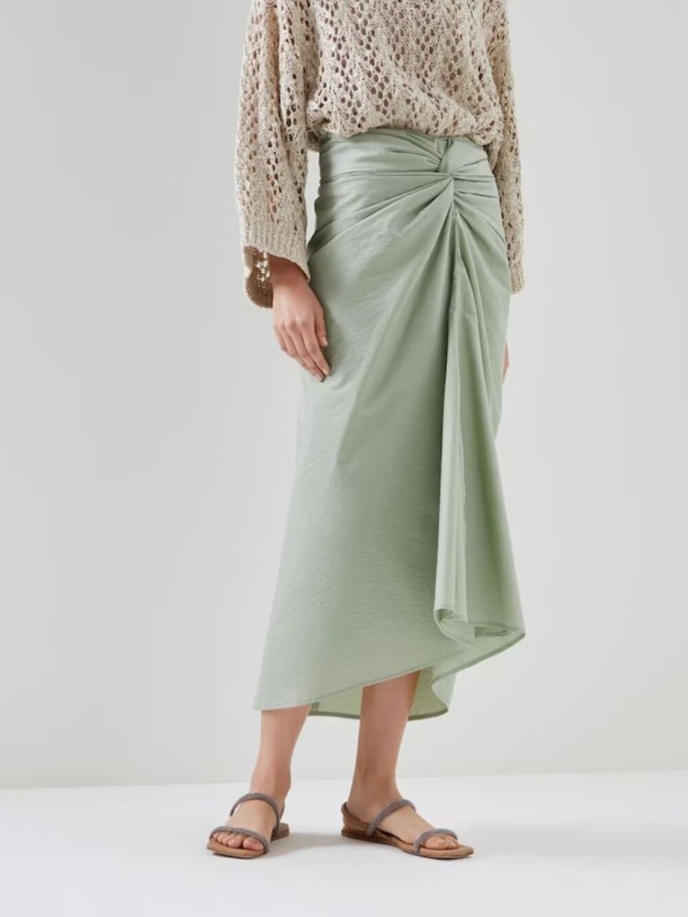 Brunello Cucinelli Skirt Cotton Front Knot Midi Drape Chic Size 6
